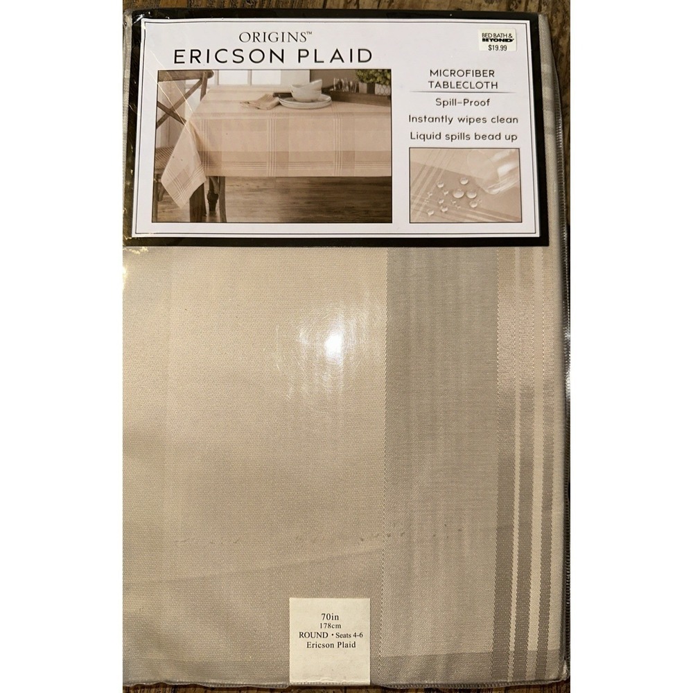 Origins‎ Tablecloth Round 70in Beige Ericson Plaid Spill-Proof Microfiber